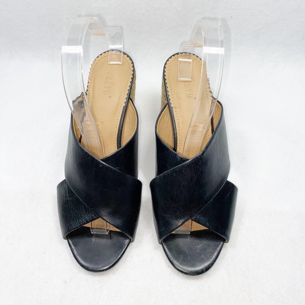 CREVO Presley Black Leather Round Jute Heel Slide Sandals 9 - Picture 2 of 11
